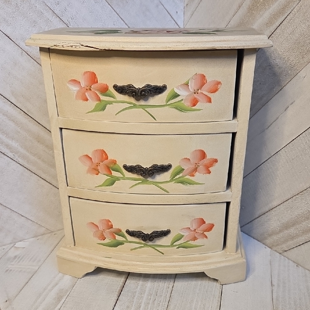 Vintage Wood Hand Painted Floral 3 Drawer Jewellery Box